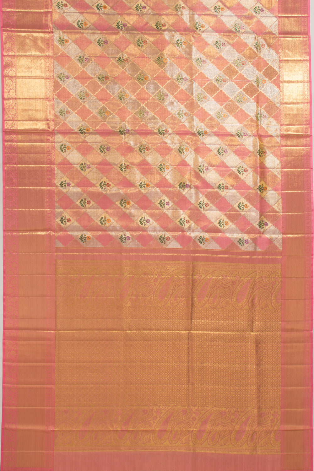 Kanchipuram Silk Tissue Butta Pink And Silver Saree