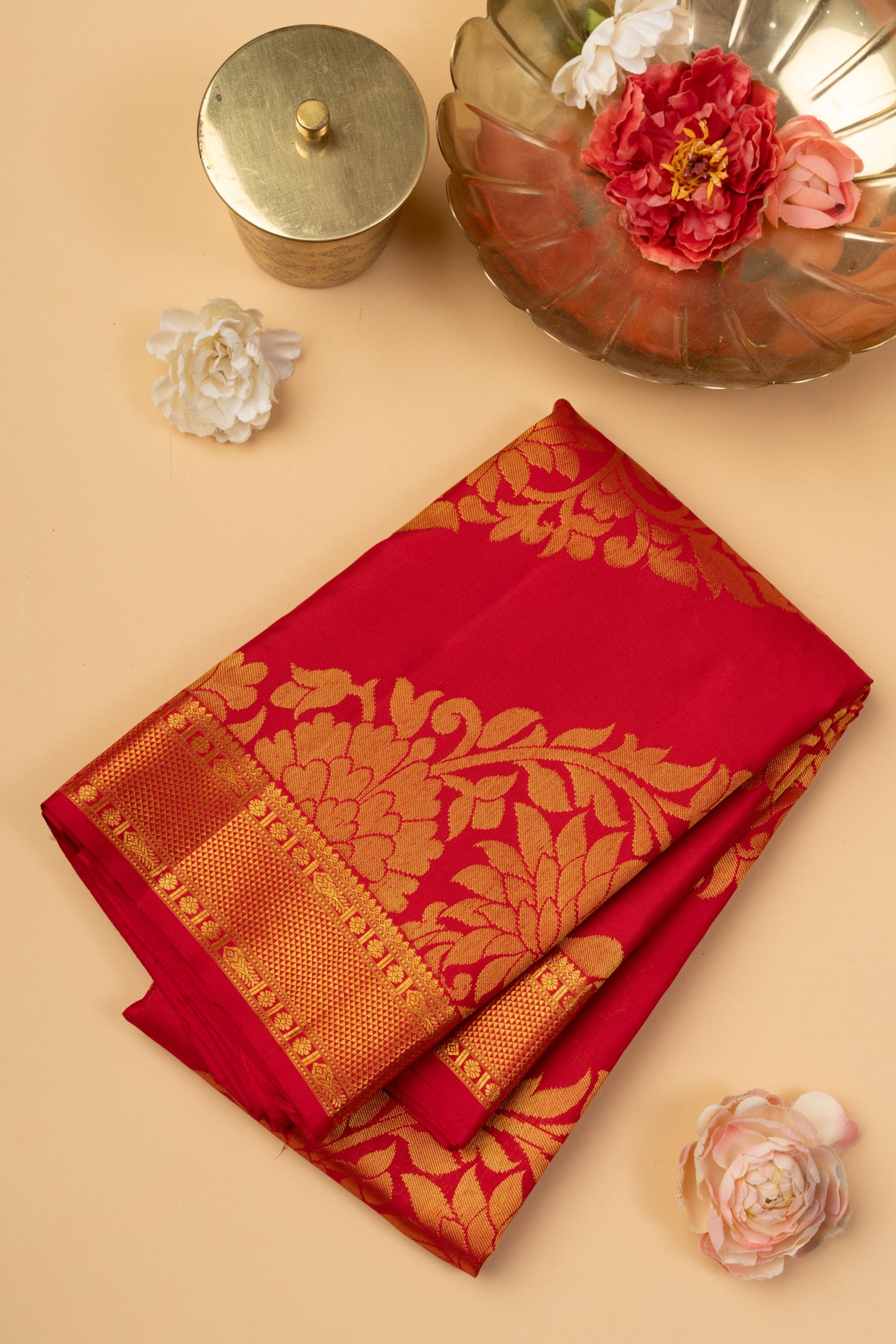 Kanchipuram Silk Leheriya Red Saree