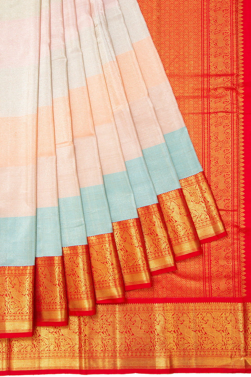 Kanchipuram Silk Tissue Horizontal Lines Multicolor Saree