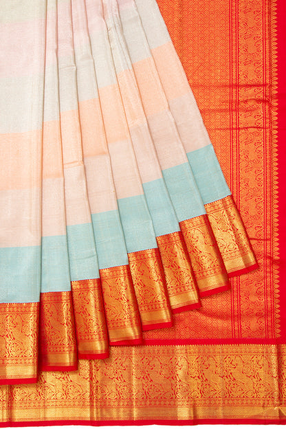Kanchipuram Silk Tissue Horizontal Lines Multicolor Saree