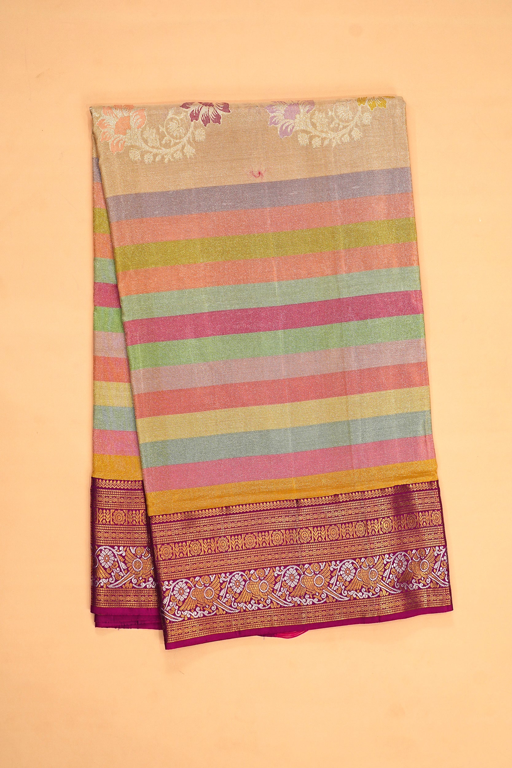 Kanchipuram Silk Tissue Horiozntal Lines Multicolor Saree
