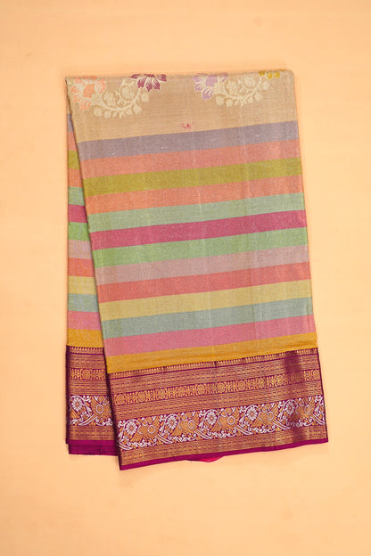 Kanchipuram Silk Tissue Horiozntal Lines Multicolor Saree