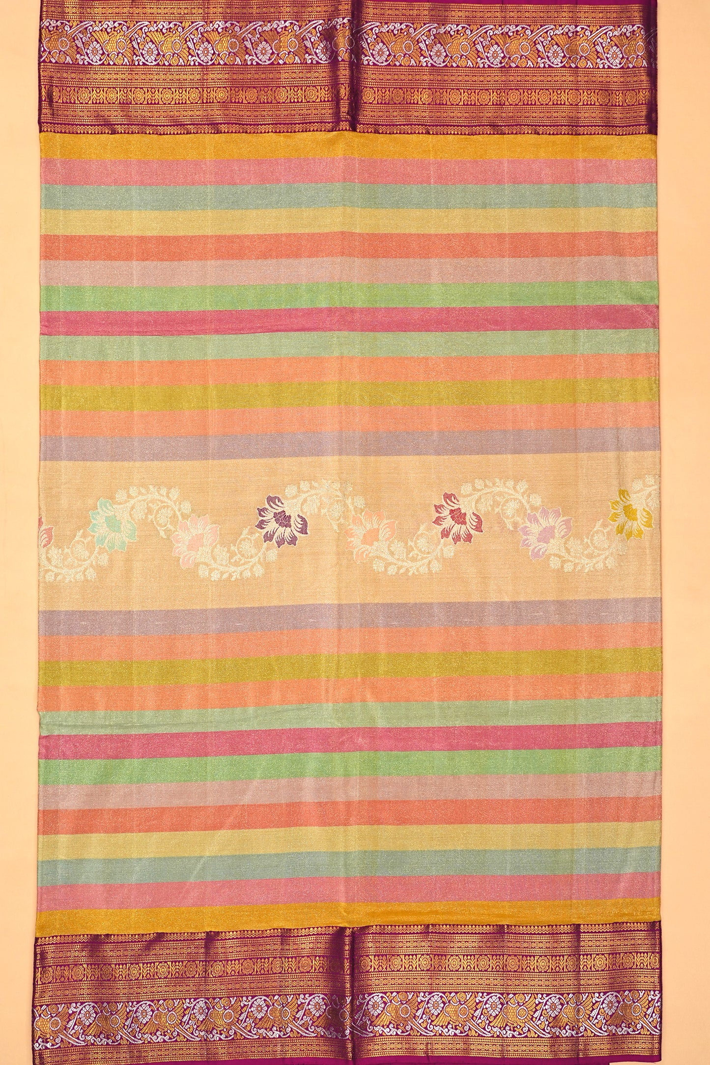 Kanchipuram Silk Tissue Horiozntal Lines Multicolor Saree