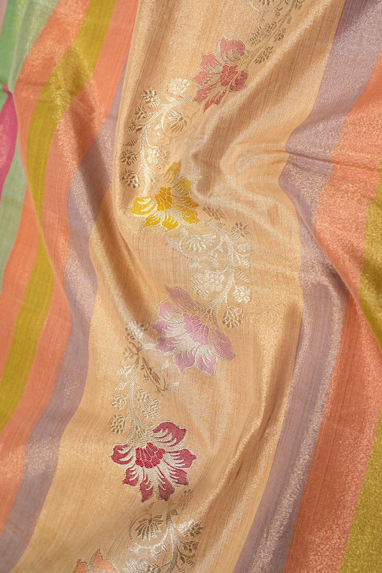 Kanchipuram Silk Tissue Horiozntal Lines Multicolor Saree