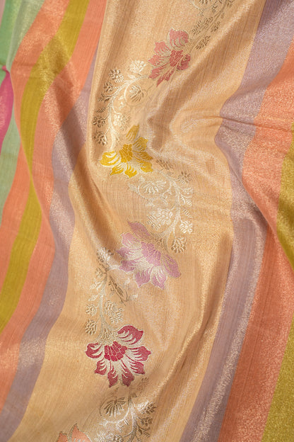 Kanchipuram Silk Tissue Horiozntal Lines Multicolor Saree