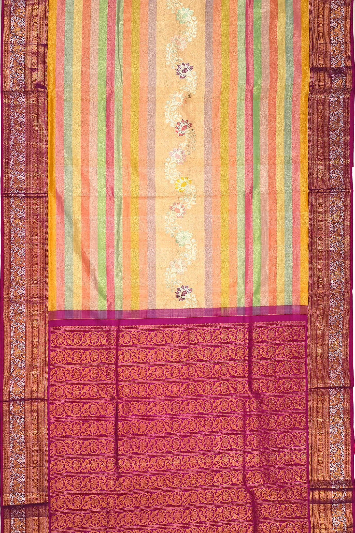 Kanchipuram Silk Tissue Horiozntal Lines Multicolor Saree