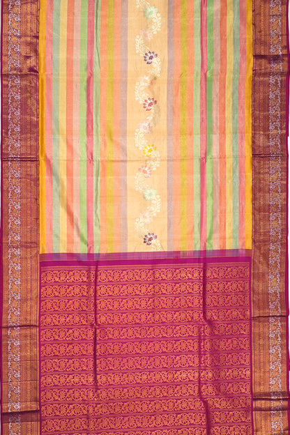 Kanchipuram Silk Tissue Horiozntal Lines Multicolor Saree