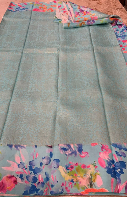 Kanchipuram Silk Jaal Blue Saree With Floral Print Border