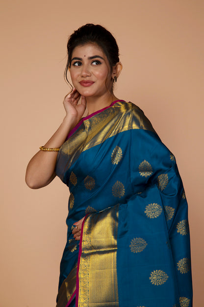 Kanchipuram Silk Butta Teal Blue Saree