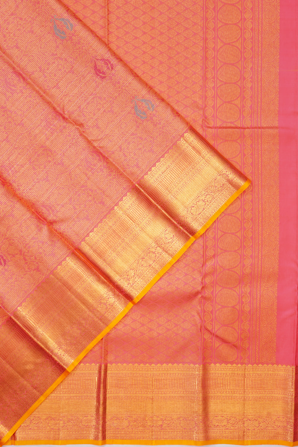 Kanchipuram Silk Brocade And Lines Peach Saree
