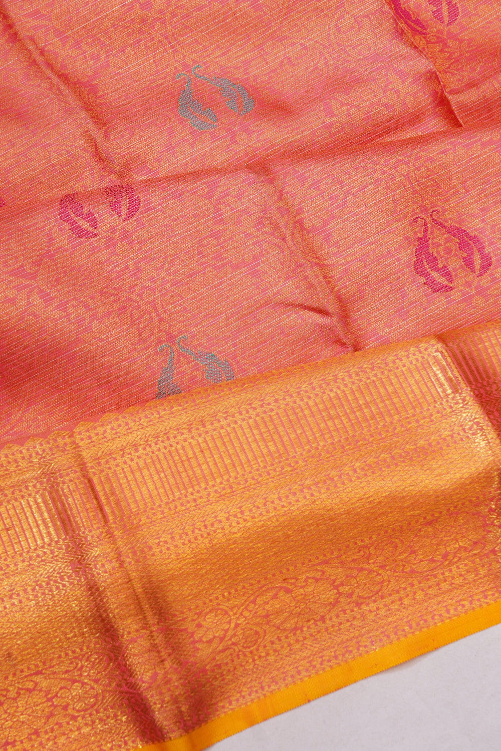 Kanchipuram Silk Brocade And Lines Peach Saree