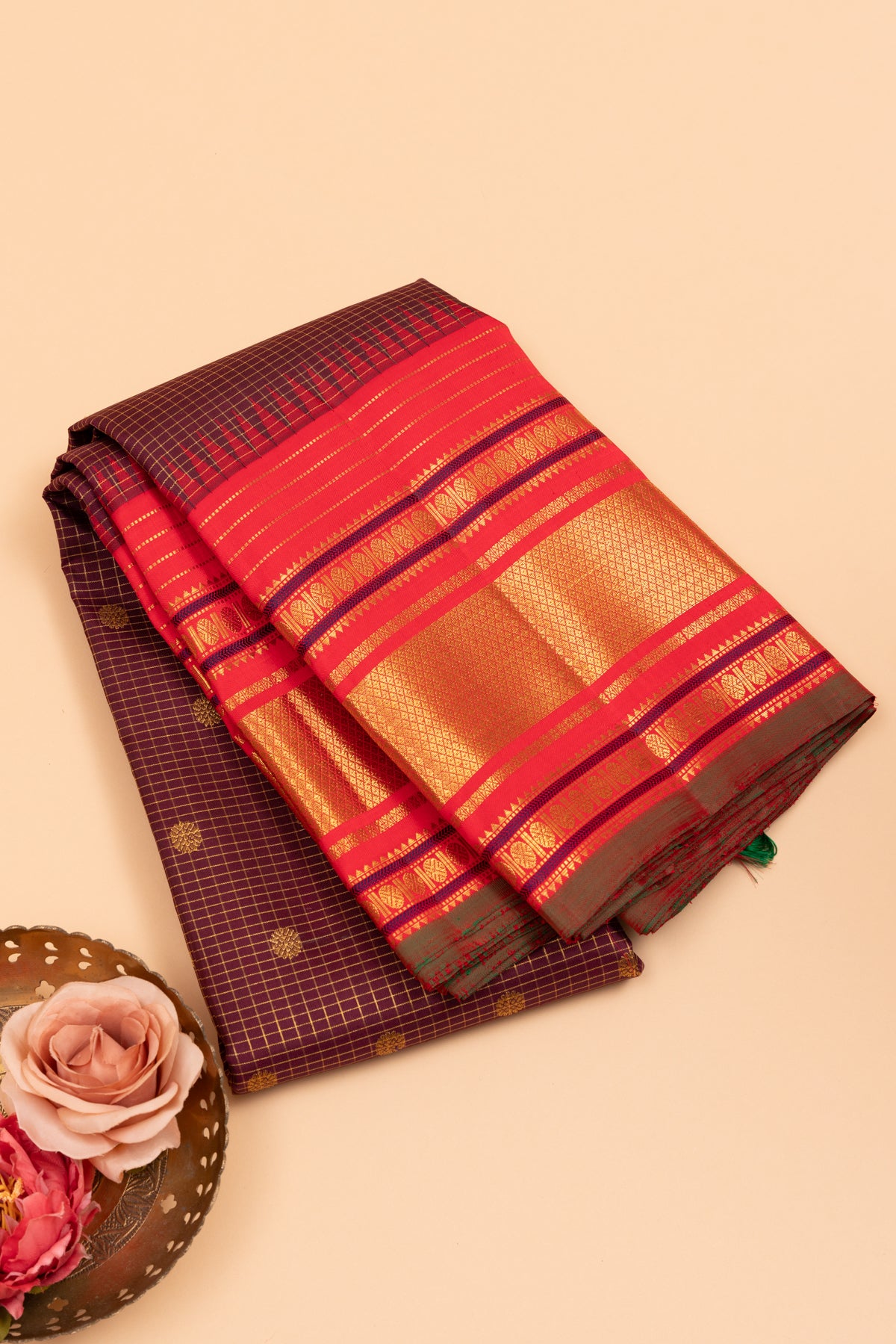 Kanchipuram Silk Checks And Butta Burgundy Saree