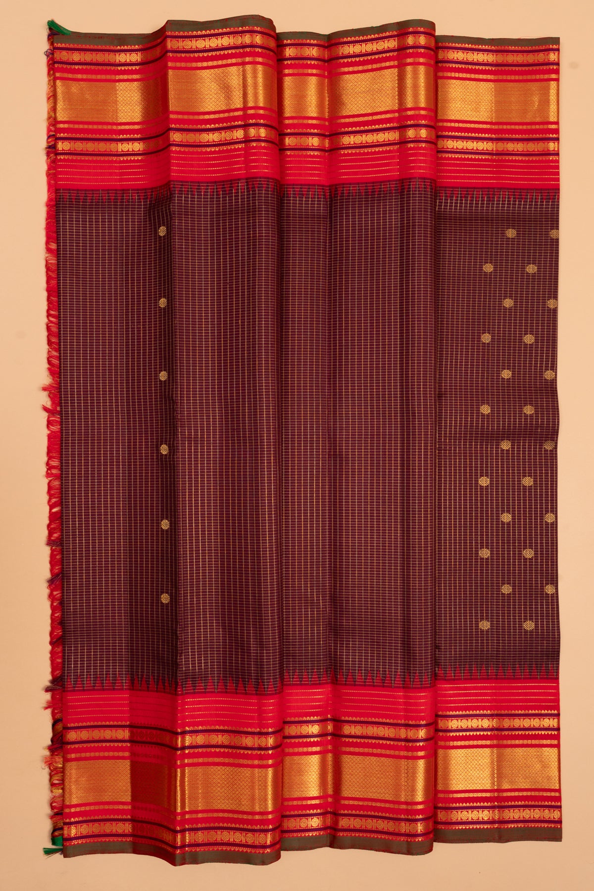 Kanchipuram Silk Checks And Butta Burgundy Saree