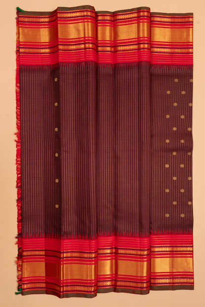 Kanchipuram Silk Checks And Butta Burgundy Saree