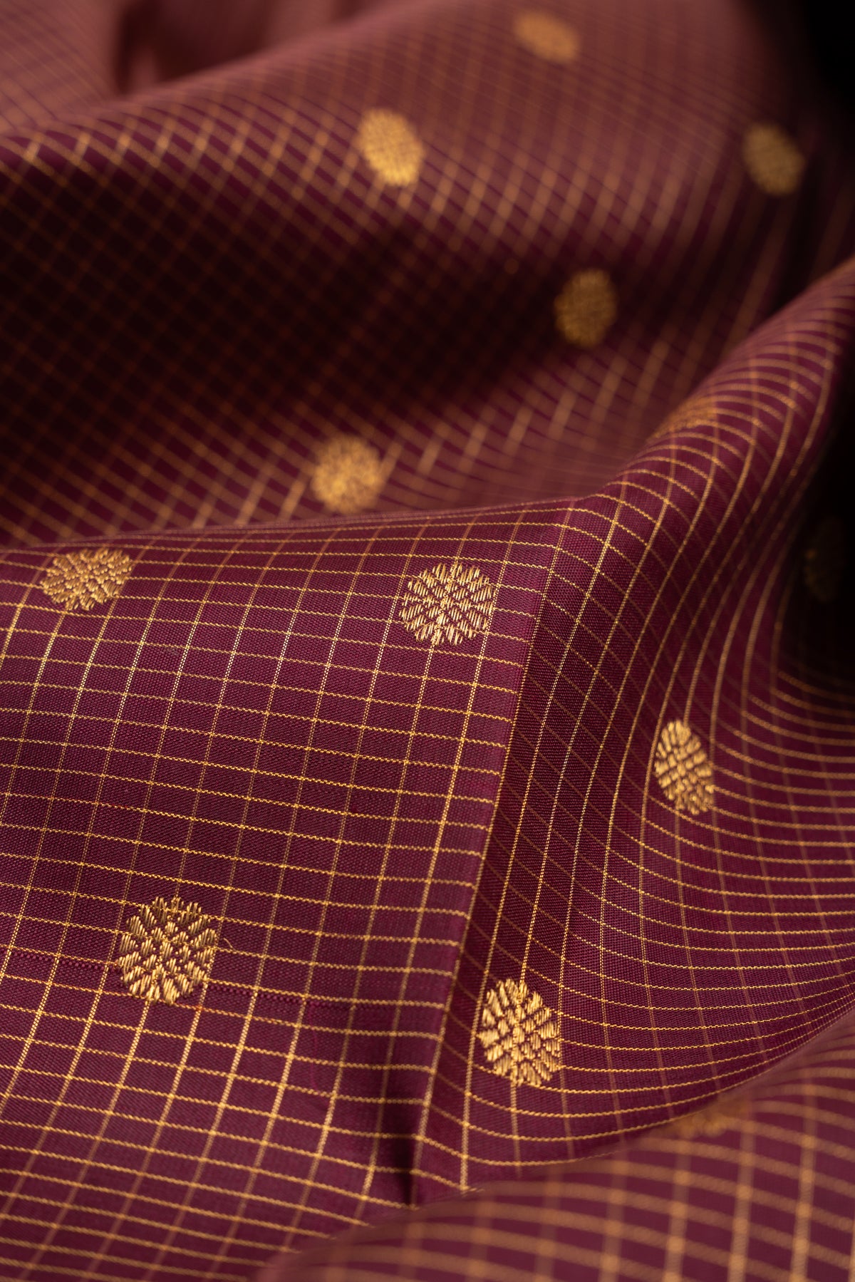Kanchipuram Silk Checks And Butta Burgundy Saree