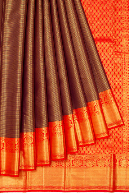 Kanchipuram Silk Tissue Oosi Lines Brown Saree