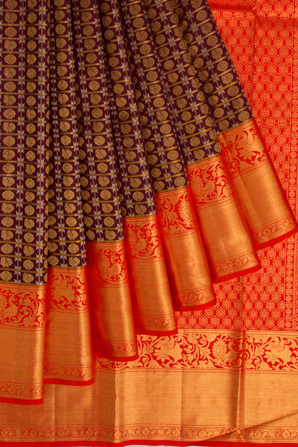 Kanchipuram Silk Checks And Butta Coffee Brown Saree
