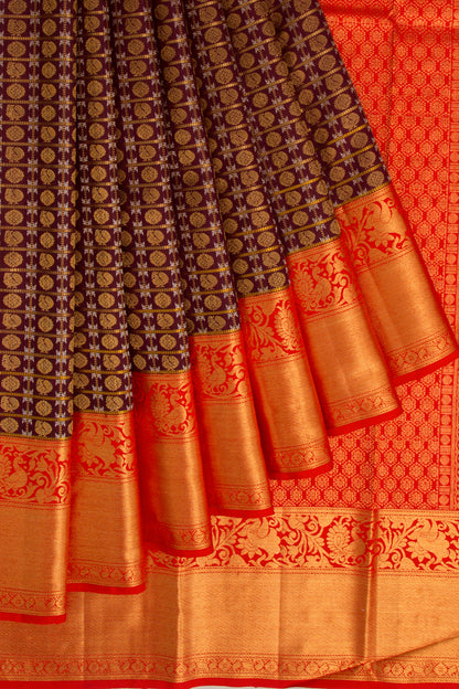 Kanchipuram Silk Checks And Butta Coffee Brown Saree