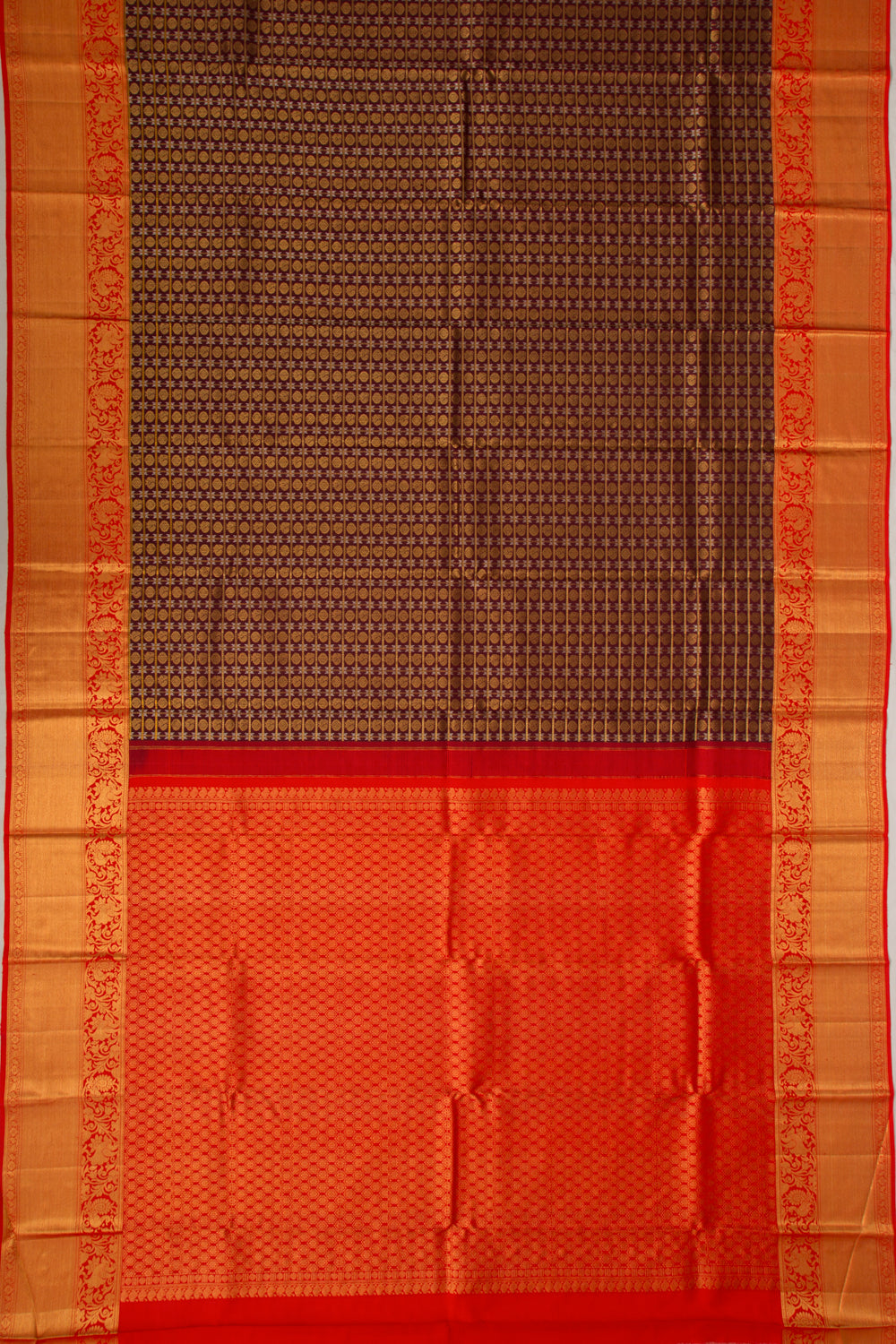 Kanchipuram Silk Checks And Butta Coffee Brown Saree