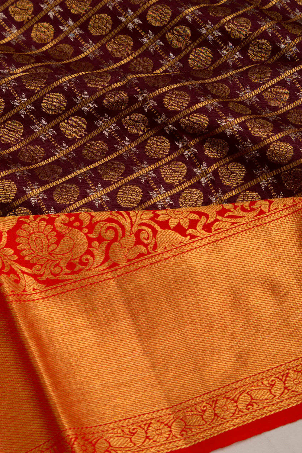 Kanchipuram Silk Checks And Butta Coffee Brown Saree