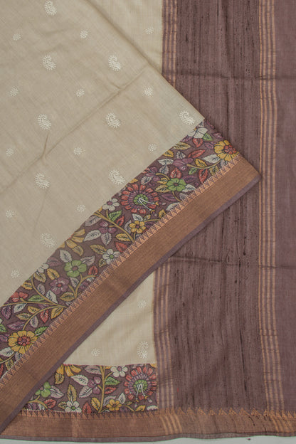 Linen Embroidery Butta Beige Saree