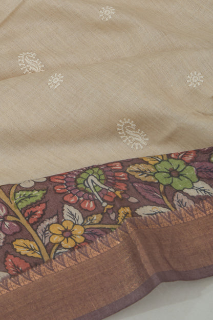 Linen Embroidery Butta Beige Saree
