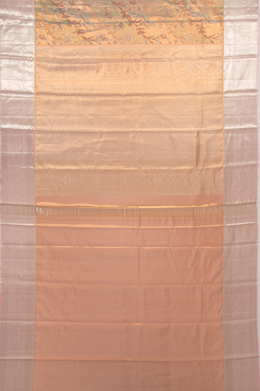 Kanchipuram Silk Tissue Jaal Dual Tone Blue And Gold Saree