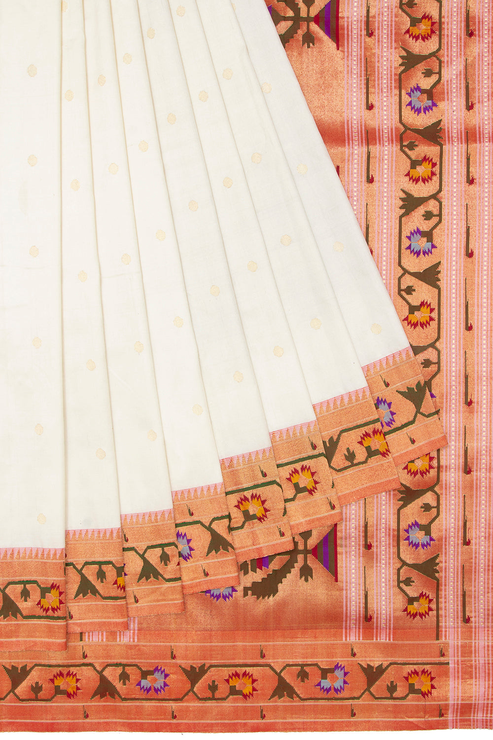 Paithani Silk Butta White Saree With Akruthi Border