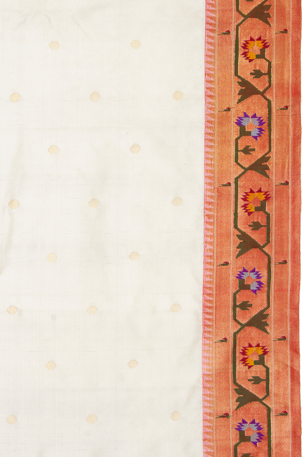 Paithani Silk Butta White Saree With Akruthi Border