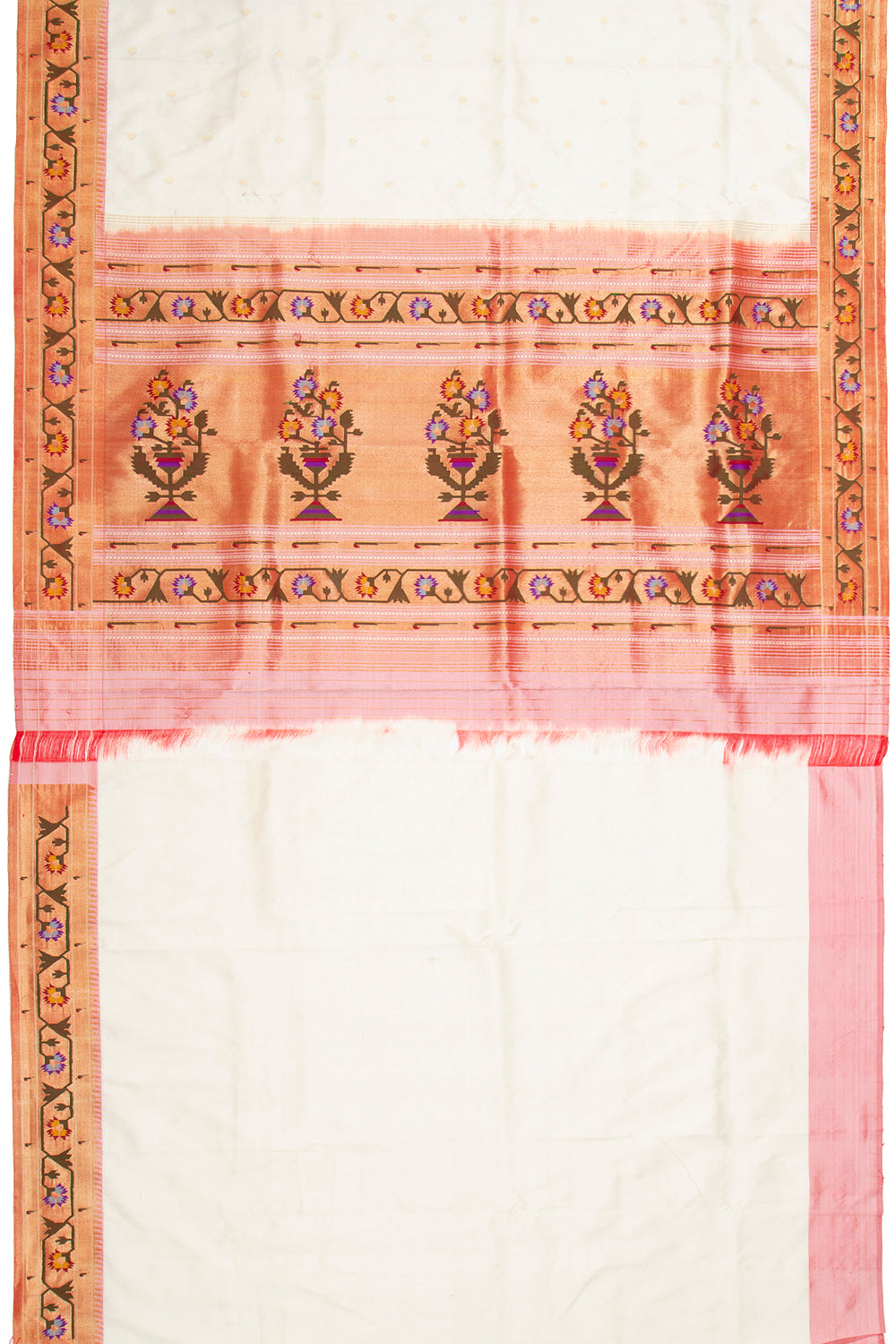 Paithani Silk Butta White Saree With Akruthi Border