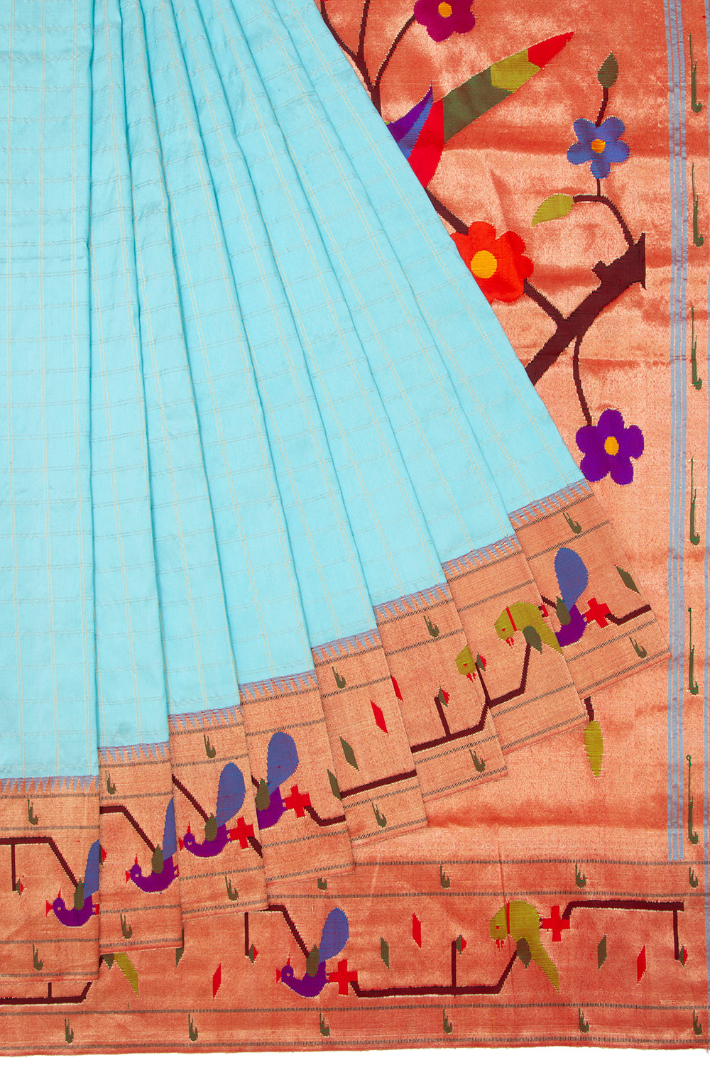 Paithani Silk Checks Sky Blue Saree With Akruthi Border