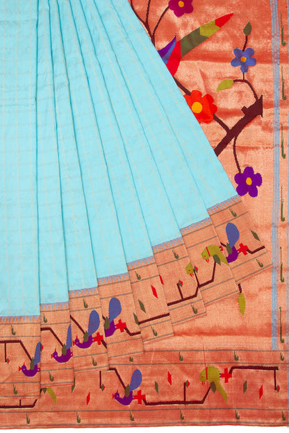 Paithani Silk Checks Sky Blue Saree With Akruthi Border