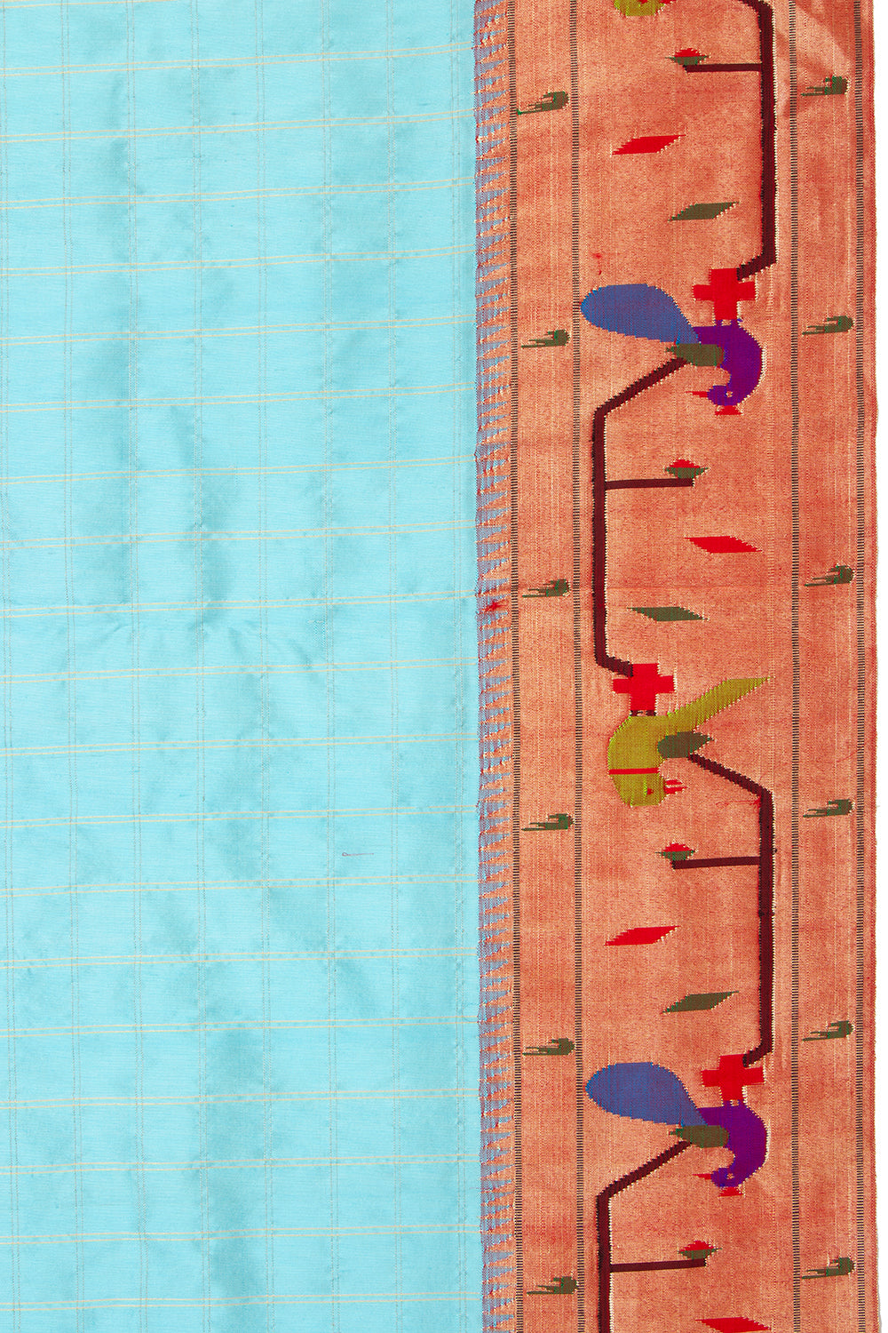 Paithani Silk Checks Sky Blue Saree With Akruthi Border