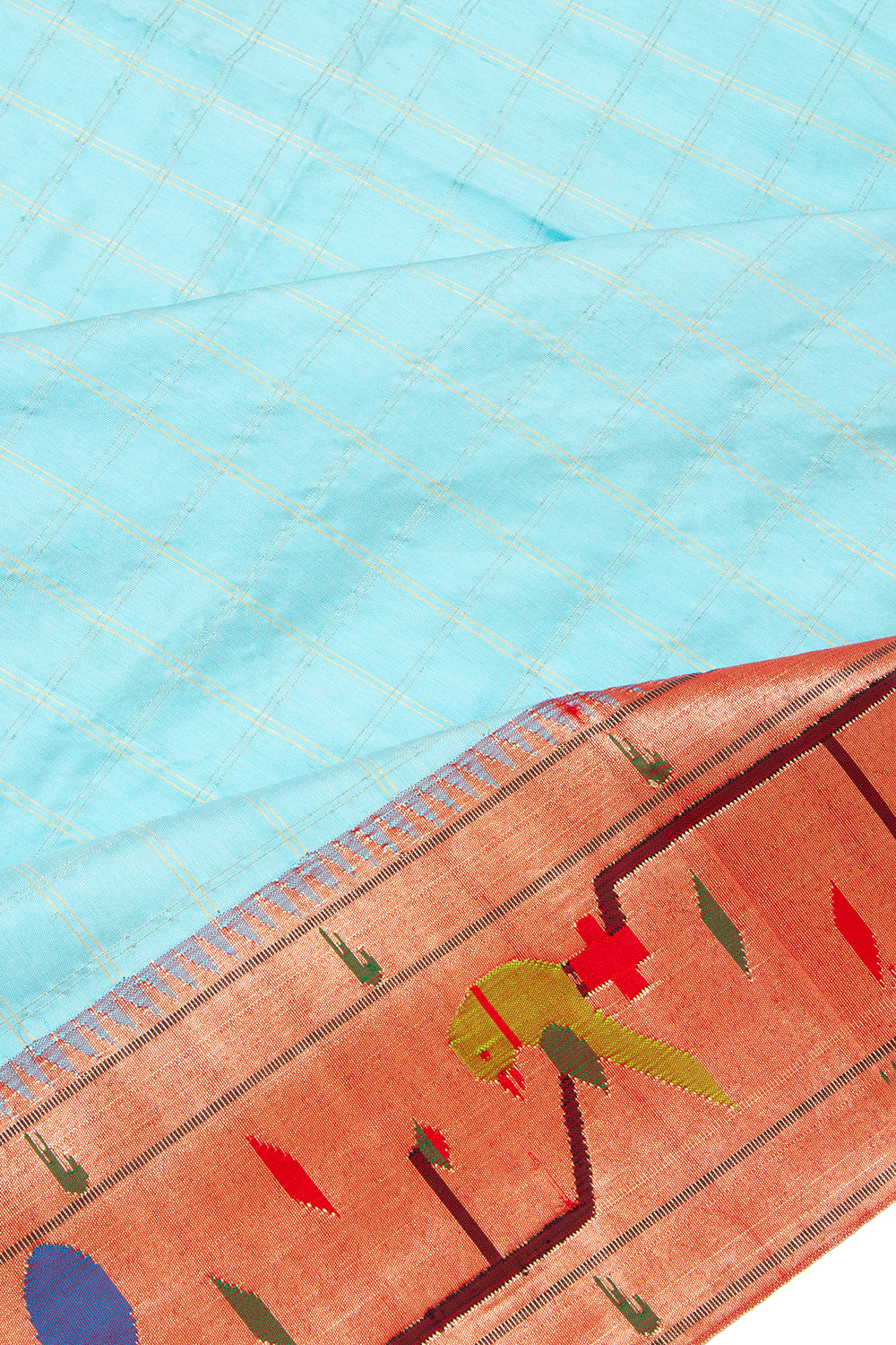 Paithani Silk Checks Sky Blue Saree With Akruthi Border