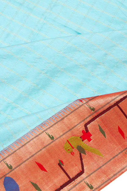 Paithani Silk Checks Sky Blue Saree With Akruthi Border