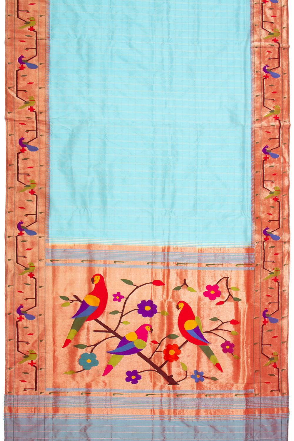 Paithani Silk Checks Sky Blue Saree With Akruthi Border