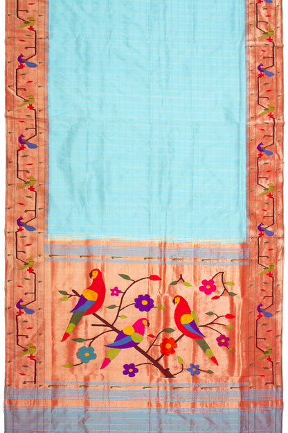 Paithani Silk Checks Sky Blue Saree With Akruthi Border