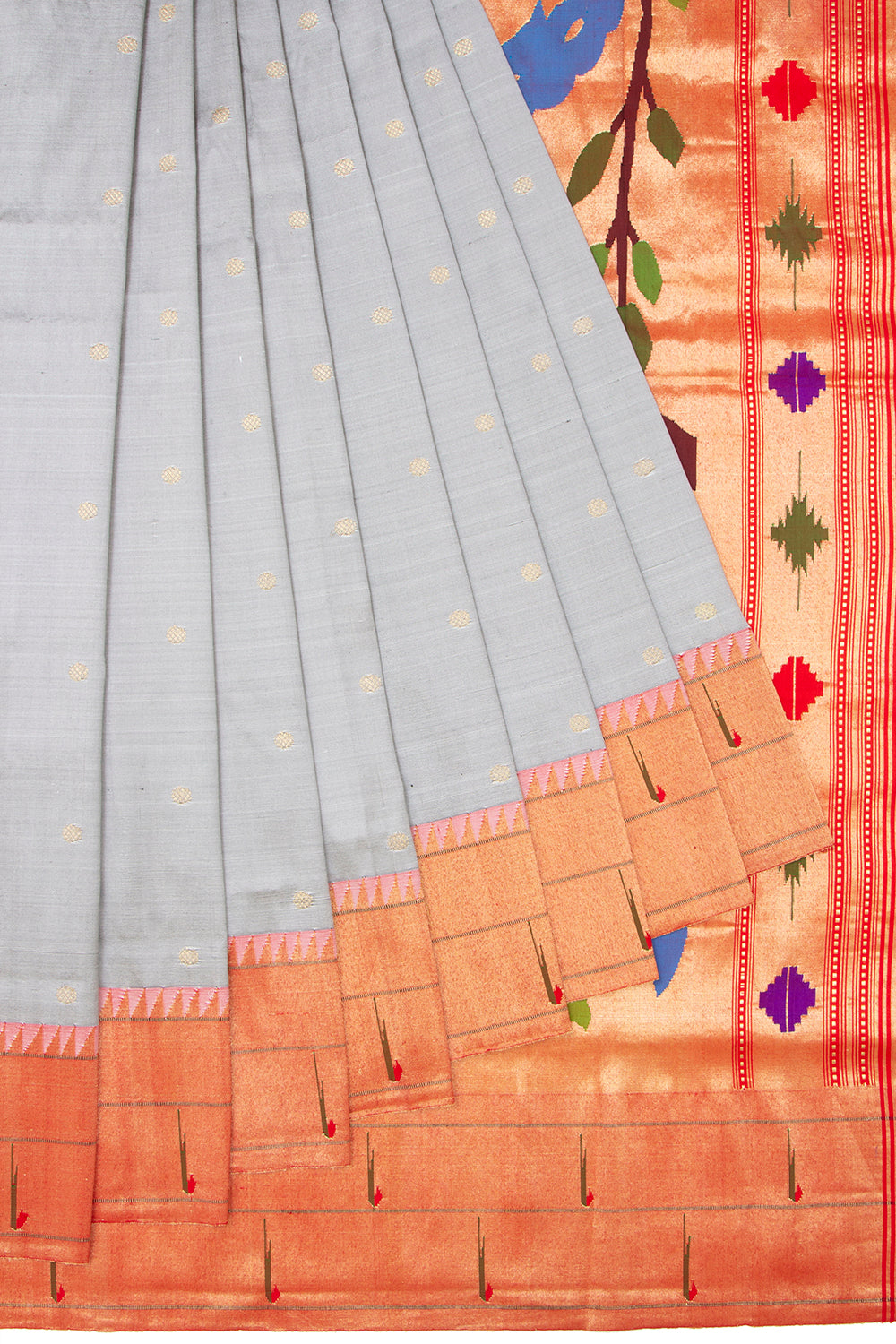 Paithani Silk Butta Grey Saree With Double Muniya Border