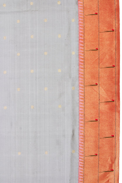 Paithani Silk Butta Grey Saree With Double Muniya Border