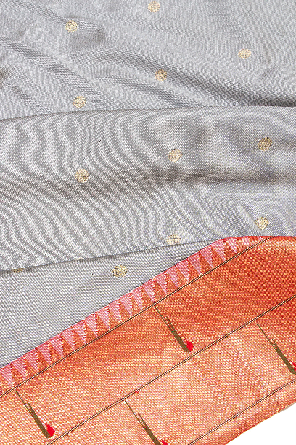 Paithani Silk Butta Grey Saree With Double Muniya Border