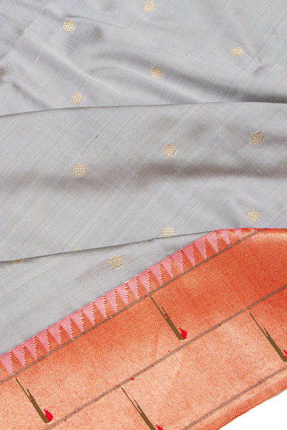 Paithani Silk Butta Grey Saree With Double Muniya Border