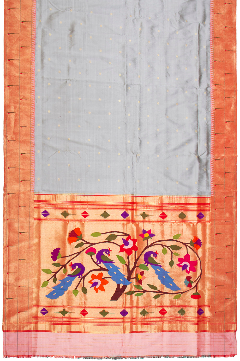 Paithani Silk Butta Grey Saree With Double Muniya Border