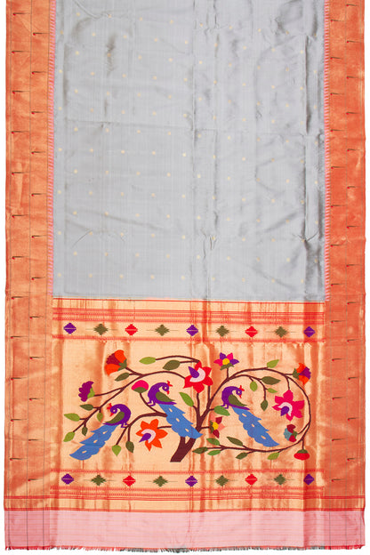 Paithani Silk Butta Grey Saree With Double Muniya Border