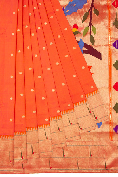 Paithani Silk Butta Orange Saree With Double Muniya Border