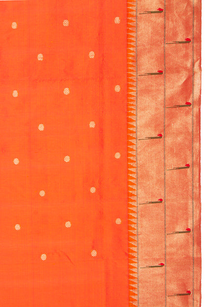 Paithani Silk Butta Orange Saree With Double Muniya Border