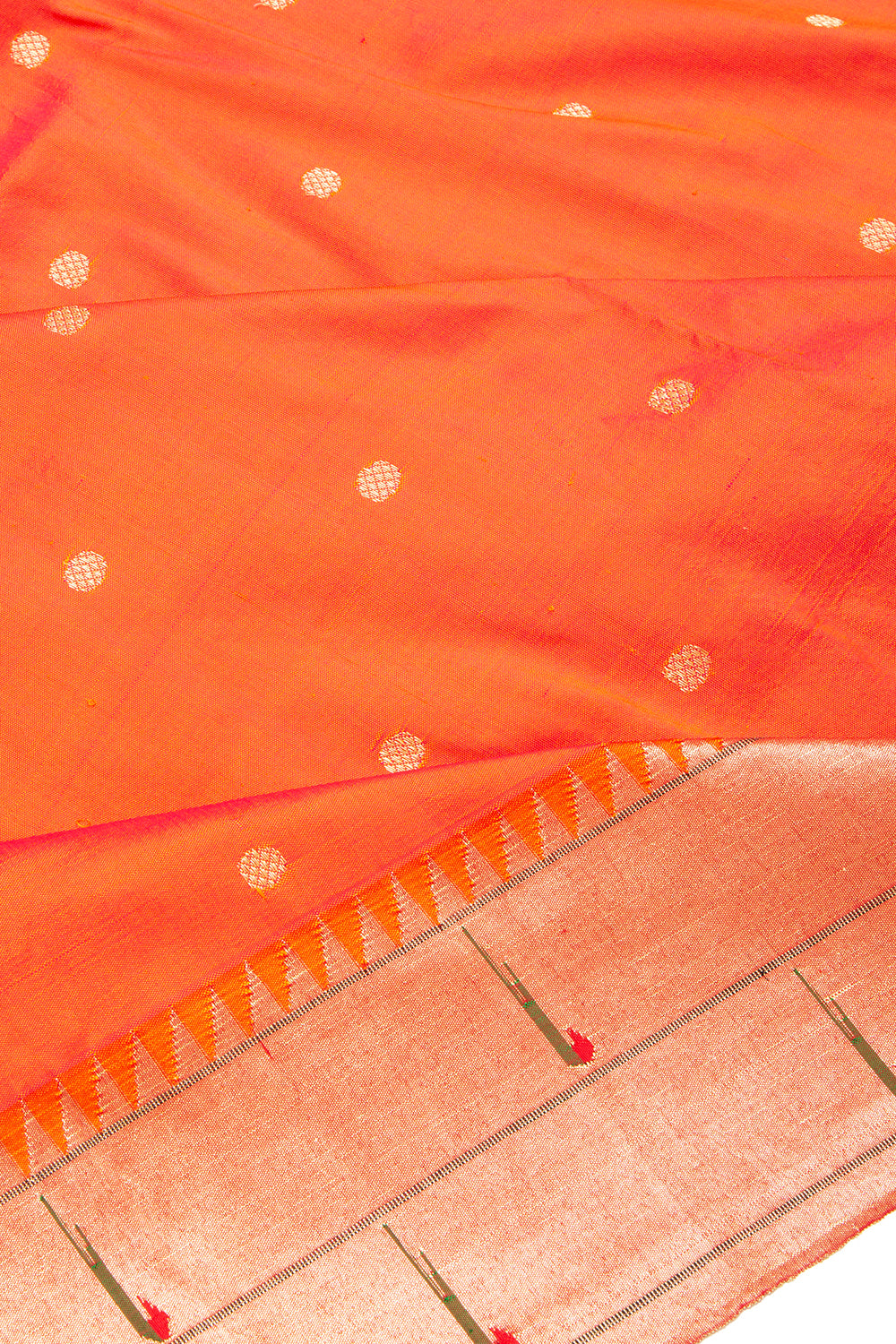 Paithani Silk Butta Orange Saree With Double Muniya Border