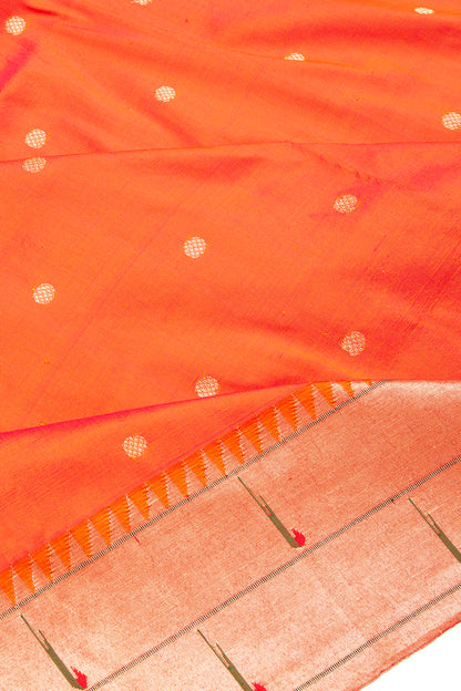 Paithani Silk Butta Orange Saree With Double Muniya Border