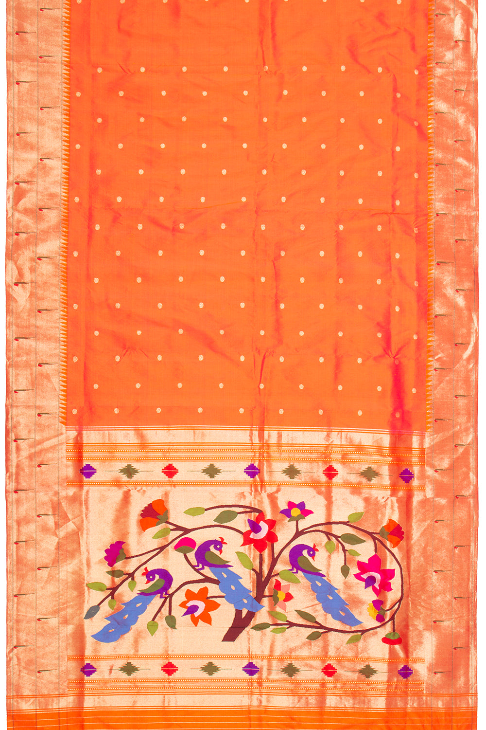 Paithani Silk Butta Orange Saree With Double Muniya Border