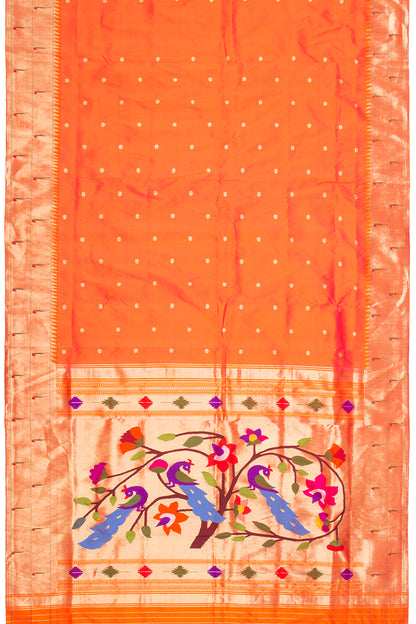 Paithani Silk Butta Orange Saree With Double Muniya Border