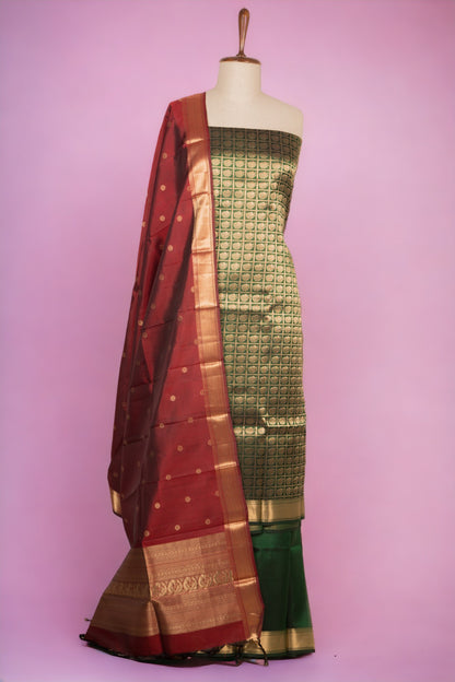 Banarasi Silk Checks And Butta Bottle Green Salwar Suit Set